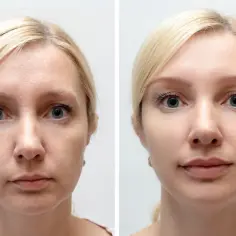 Przed i po zabiegu osoczem bogatopłytkowym. Skóra twarzy wygładzona, zmarszczki zredukowane, cera promienna.