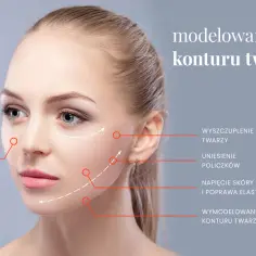 Modelowanie konturu twarzy: nawilżenie skóry, wyszczuplenie, uniesienie policzków, napięcie i poprawa elastyczności, wolumetria żuchwy.