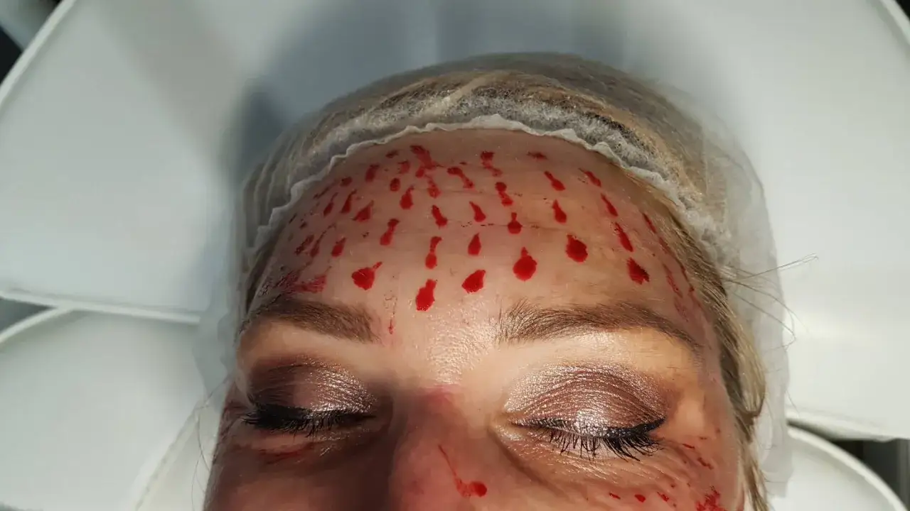 Czoło po zabiegu z widocznymi kroplami krwi. Wampirzy lifting skutki uboczne mogą obejmować zaczerwienienie i drobne krwawienia.