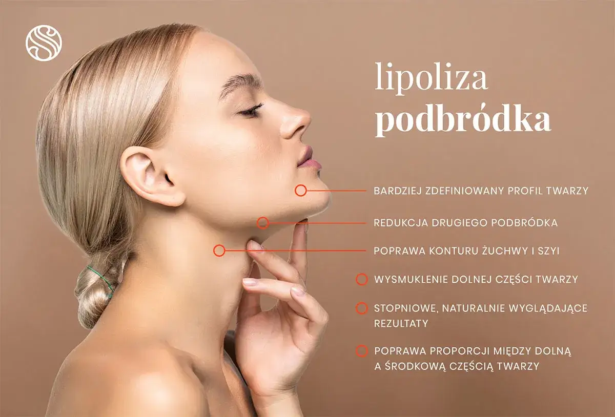 Kobieta z idealnie zarysowaną linią żuchwy. Lipoliza podbródka to klucz do smuklejszej twarzy i redukcji drugiego podbródka.
